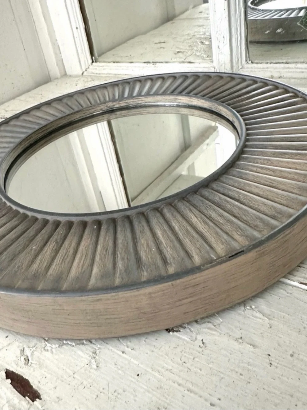 Gray Sunburst Starburst Round Circle Wall Hanging Mirror Lightweight 10” Boho
